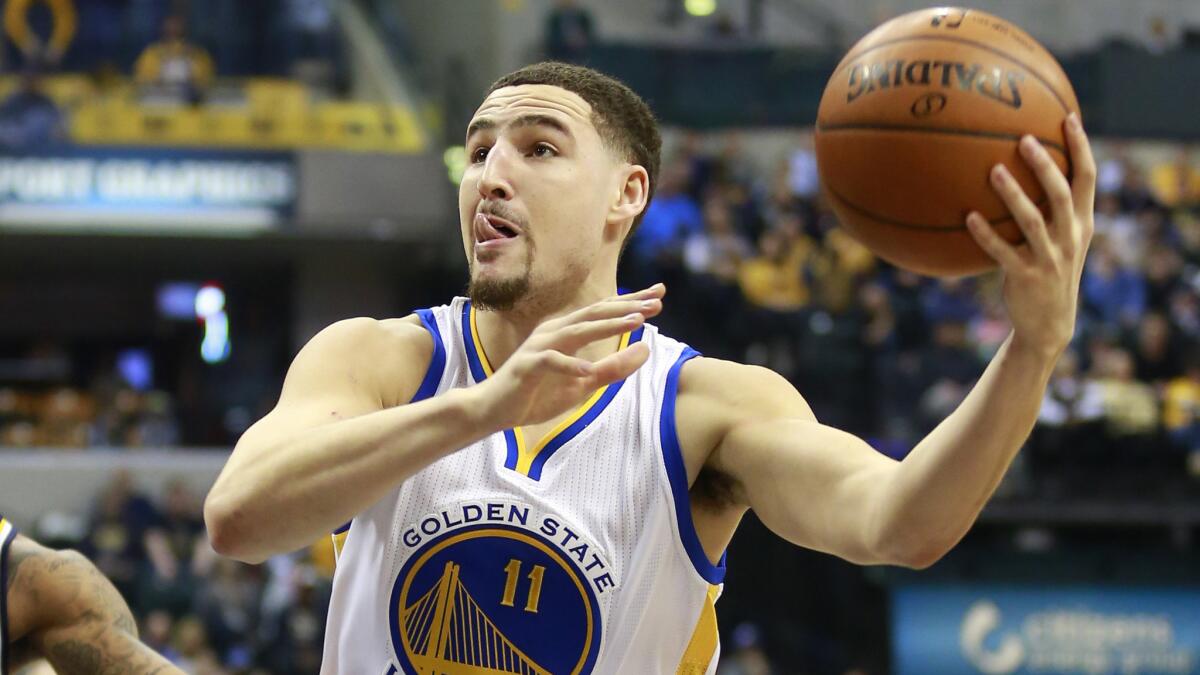 Golden State Warriors guard Klay Thompson puts up a shot during a loss to the Indiana Pacers on Feb. 22.