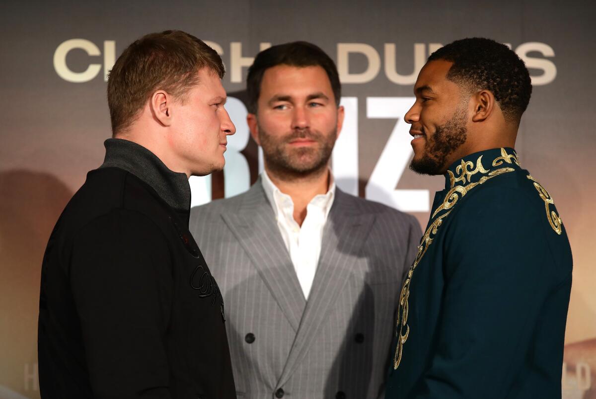 DIRIYAH, SAUDI ARABIA - DECEMBER 04: Alexander Povetkin and Michael Hunter come face to face during the Clash On The Dunes Press Conference at the Diriyah Season Hospitality Lounge on December 04, 2019 in Diriyah, Saudi Arabia. (Photo by Richard Heathcote/Getty Images) ** OUTS - ELSENT, FPG, CM - OUTS * NM, PH, VA if sourced by CT, LA or MoD **