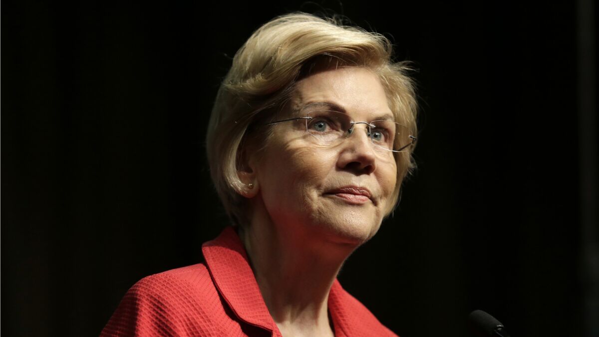 Sen. Elizabeth Warren (D-Mass.), a candidate for the 2020 Democratic presidential nomination, speaks during the National Action Network Convention in New York in April 2019. Warren is preparing legislation to put new curbs on mergers by the biggest companies.