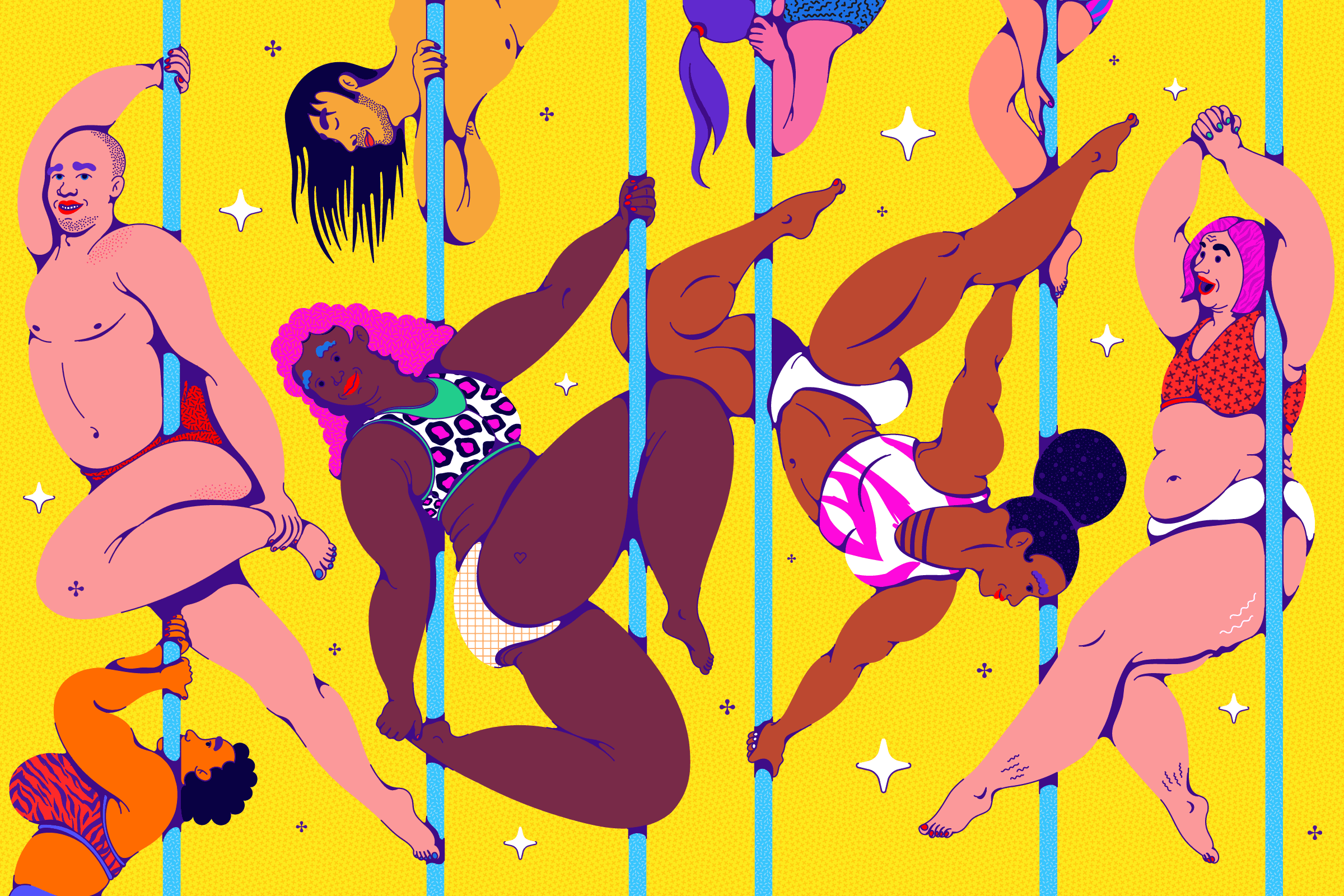 A vector drawing of a group of students practicing pole dance in front of a starry blue, pink, and yellow background