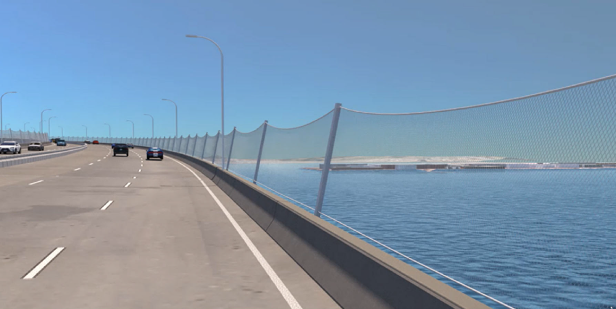 A rendering of a vertical stainless steel net that could be installed on the San Diego-Coronado Bridge.