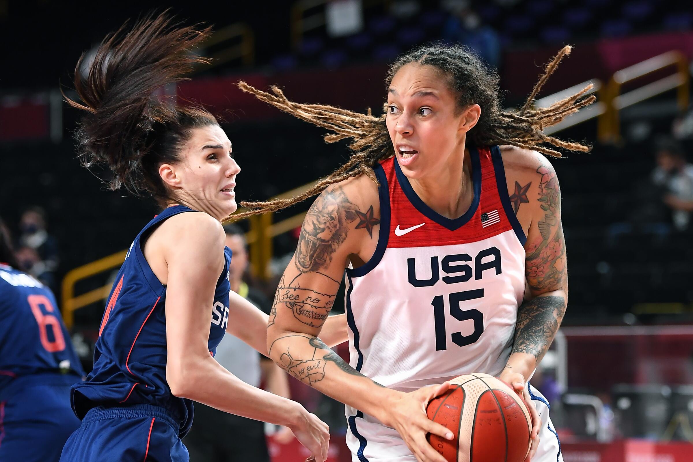 Brittney Griner drives to the basket during a semifinal win over Serbia during the Tokyo Olympics in August.