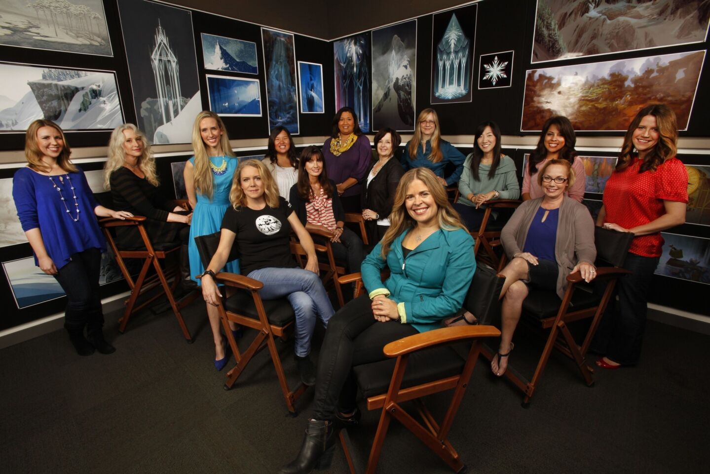 These are the women of Disney's animation studios. Jennifer Lee, front right, one of the directors of Disney Animation's "Frozen" and Lauren MacMullan, front left, director of "Get a Horse," a short film coming out soon, are surrounded by other women who work on animation projects at the Walt Disney Studios.