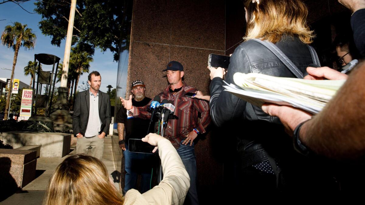 Jason Freeman, grandson of the late Charles Manson, speaks outside Los Angeles County court Friday.