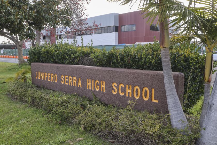 SAN DIEGO, CA - MARCH 09: This is the signage at Junipero Serra High School on Tuesday, March 9, 2021 in San Diego, CA. There is an effort to change the name of the school. (Eduardo Contreras / The San Diego Union-Tribune)
