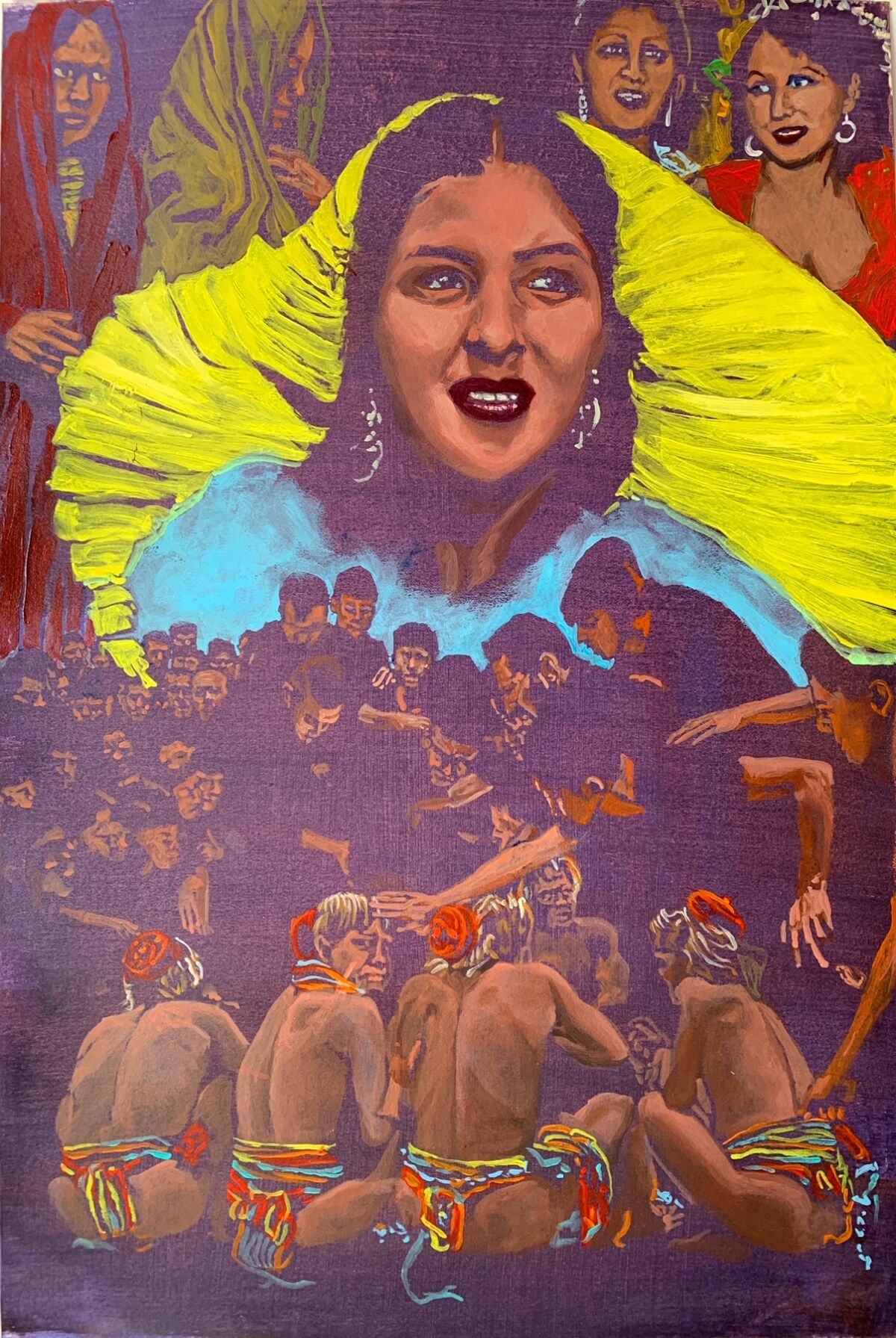A painting shows a figure of a woman in bright Tehuana costume over a circle of Indigenous men