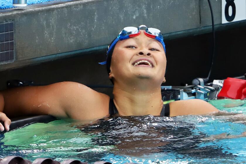 Fountain Valley's Alyssa Ton is all smiles after wining the 200 yard freestyle during the CIF Southern Section Championships 2024 Division 1 Finals at Mt. San Antonio College in Walnut on Saturday, May 4, 2024. (Photo by James Carbone)