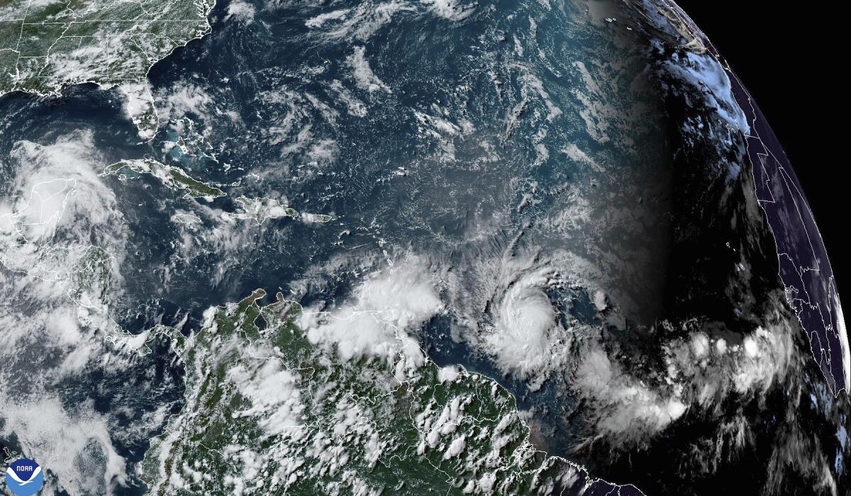 Satellite view of Hurricane Beryl as it strengthens over the Atlantic Ocean.