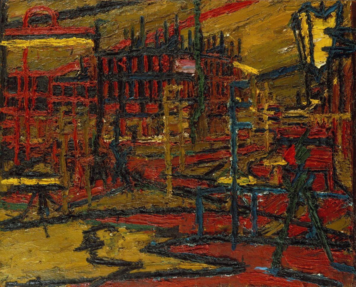 As war-ravaged London was being rebuilt, Frank Auerbach used images such as the 1966 "Mornington Crescent with the Statue of Sickert's Father-in-Law" to physically rebuild painting (Getty Museum)