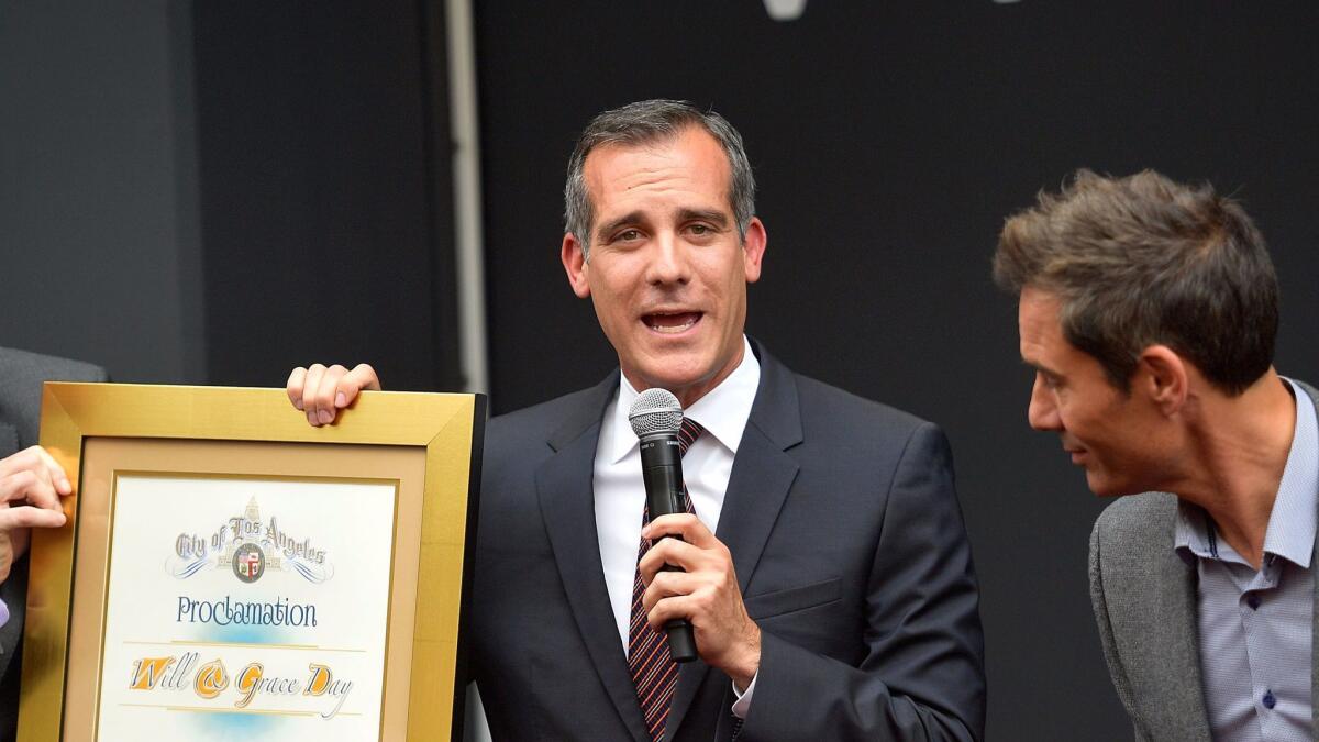 Los Angeles Mayor Eric Garcetti, appearing at an event last month, will have to contend with significantly higher city employee pension costs in next year's budget.