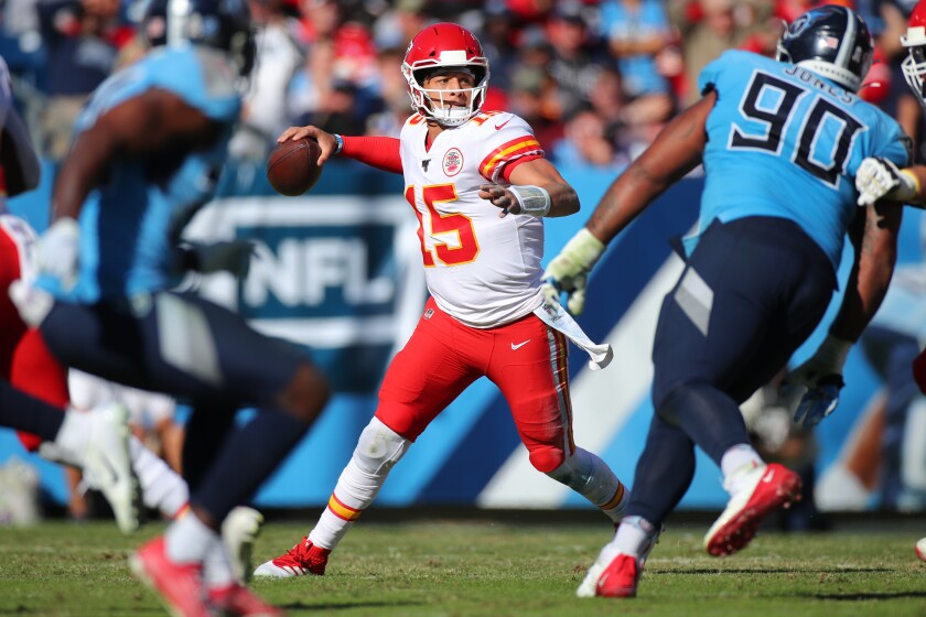 Kansas City Chiefs quarterback Patrick Mahomes passes against the Tennessee Titans.
