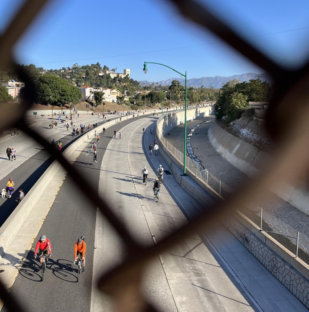 A view of the car-free 110 Freeway during ArroyoFest on Sunday.