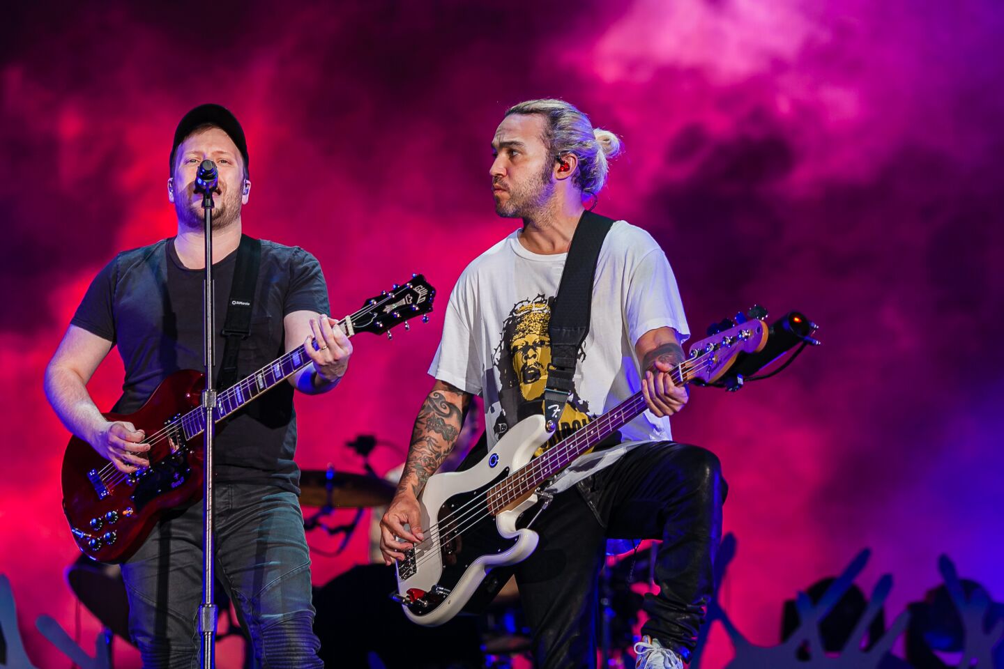 Singer Patrick Stump and Bassist Pete Wentz of Fall Out Boy during the Hella Mega Tour in downtown San Diego on August 29, 2021.