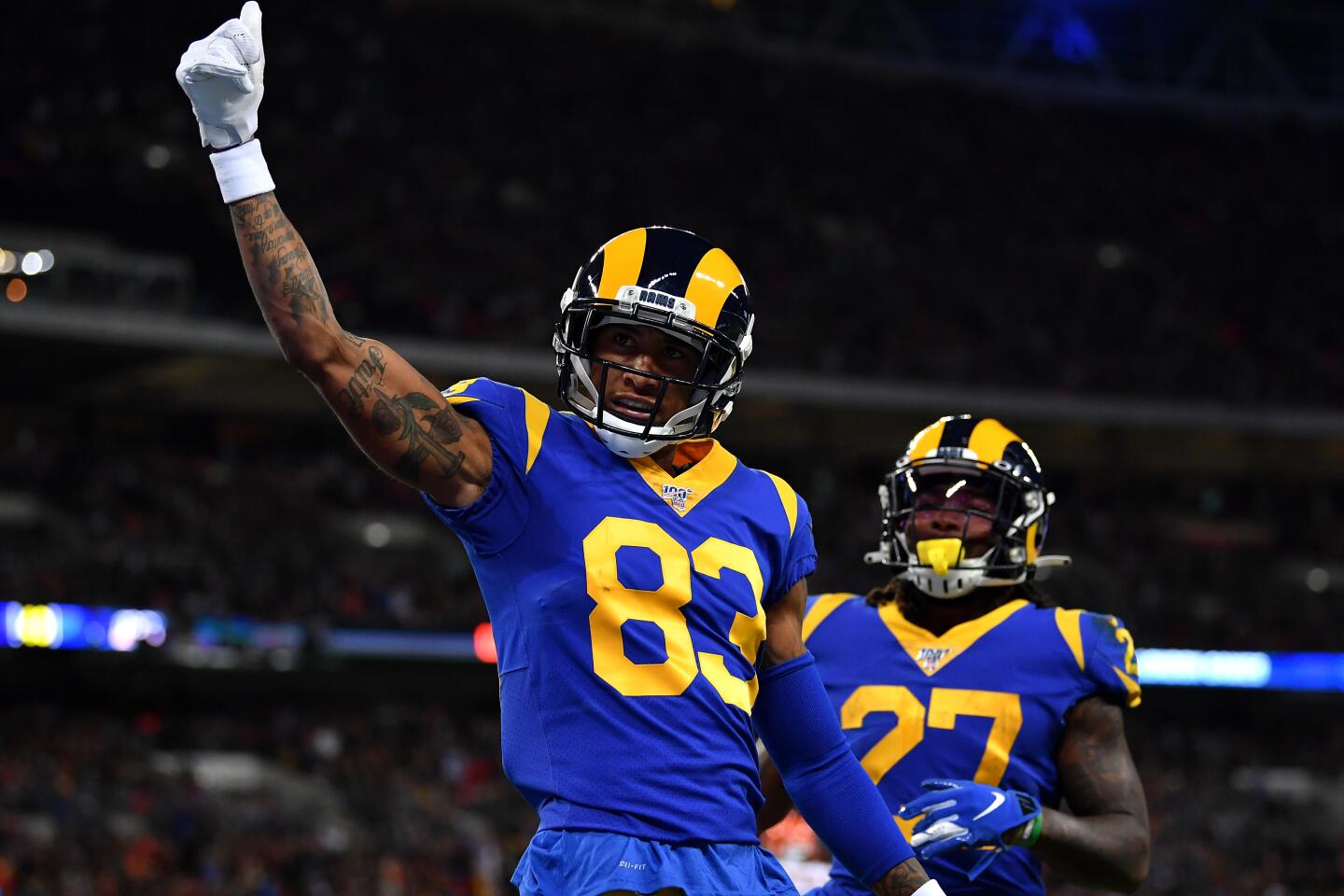 LONDON, ENGLAND - OCTOBER 27: Josh Reynolds #83 of the Los Angeles Rams celebrates scoring a touch down during the NFL London Games series match between the Cincinnati Bengals and the Los Angeles Rams at Wembley Stadium on October 27, 2019 in London, England. (Photo by Justin Setterfield/Getty Images)