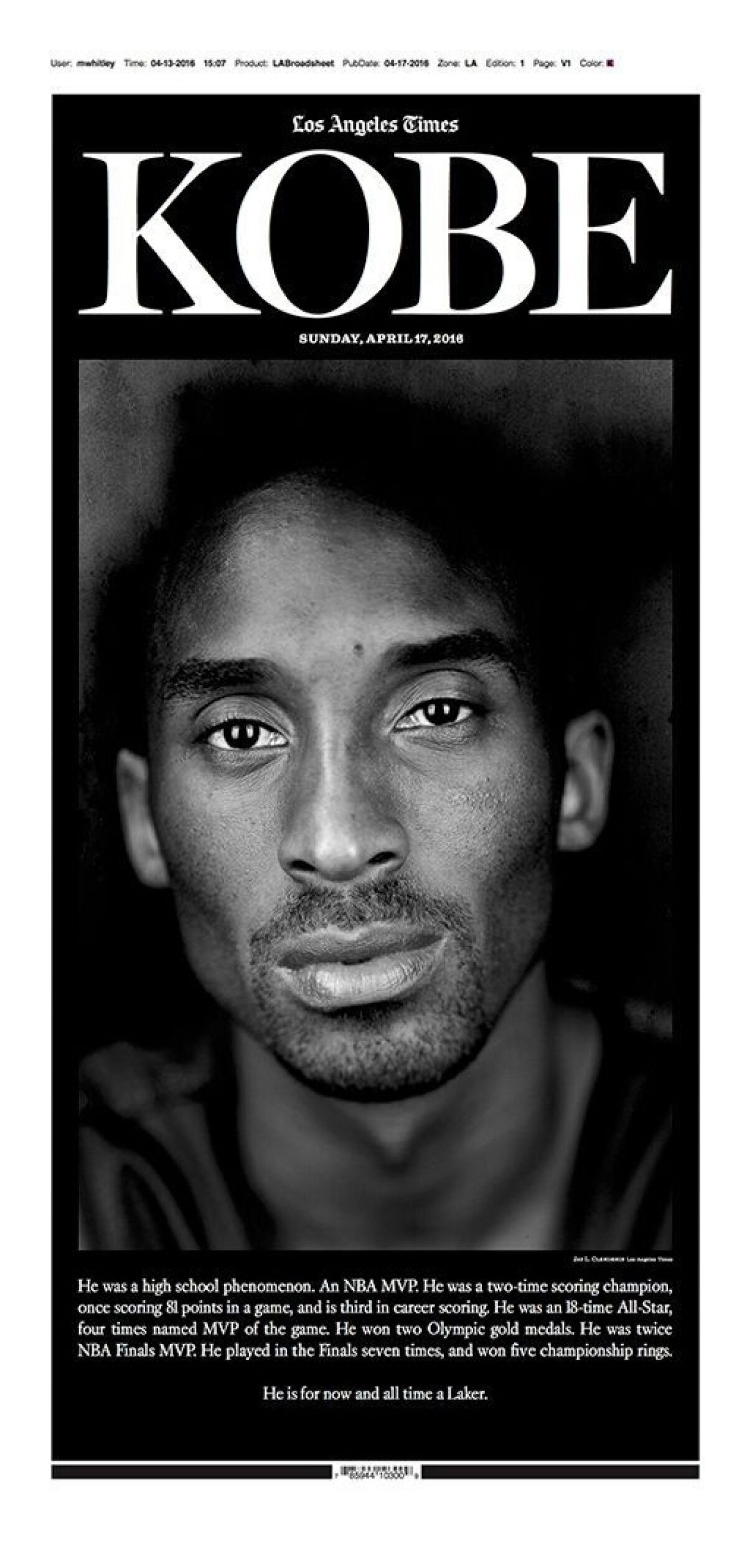 This commemorative page of a Special Section of the L.A. Times celebrates Kobe Bryant's 20 year career in Los Angeles.