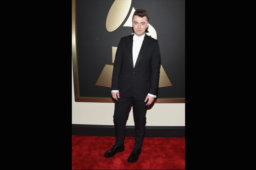 Multiple nominee Sam Smith is wearing an ivory bow tie on a white tux shirt. MORE: Show updates | Show highlights | Quotes | Red carpet