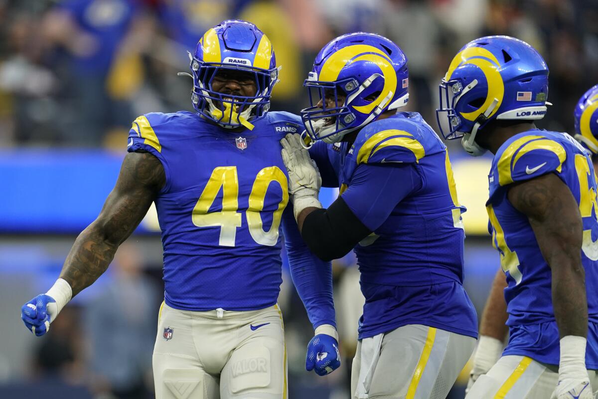 Rams outside linebacker Von Miller (40) celebrates after a play against the San Francisco 49ers on Jan. 9.