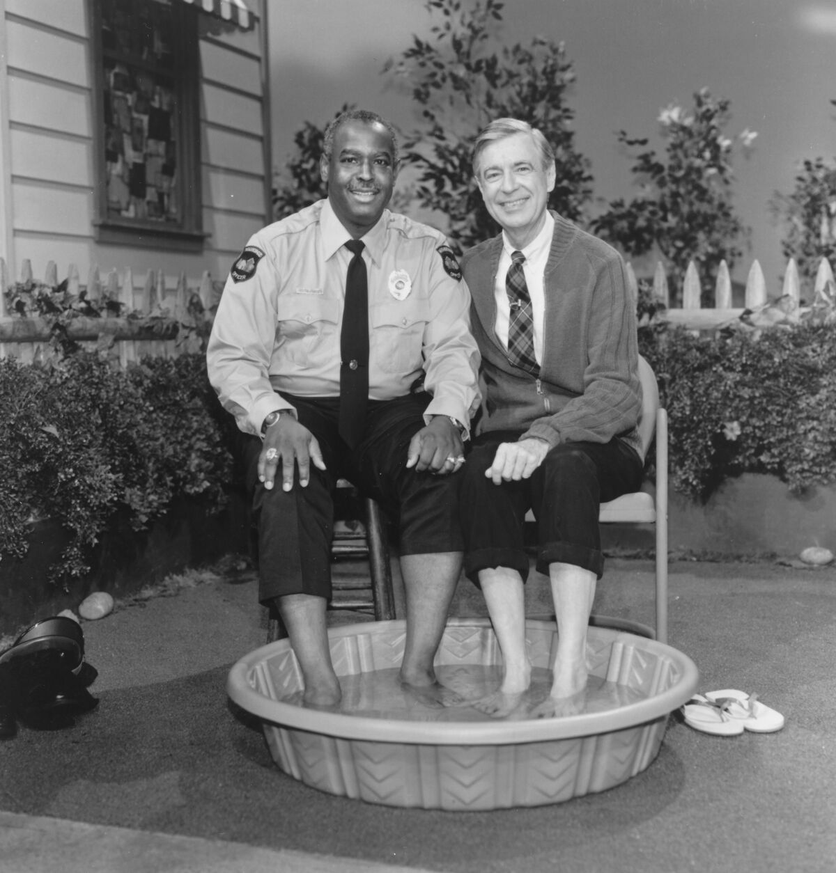 François Clemmons, left, and Fred Rogers re-create a historic foot bath on "Mister Rogers' Neighborhood."