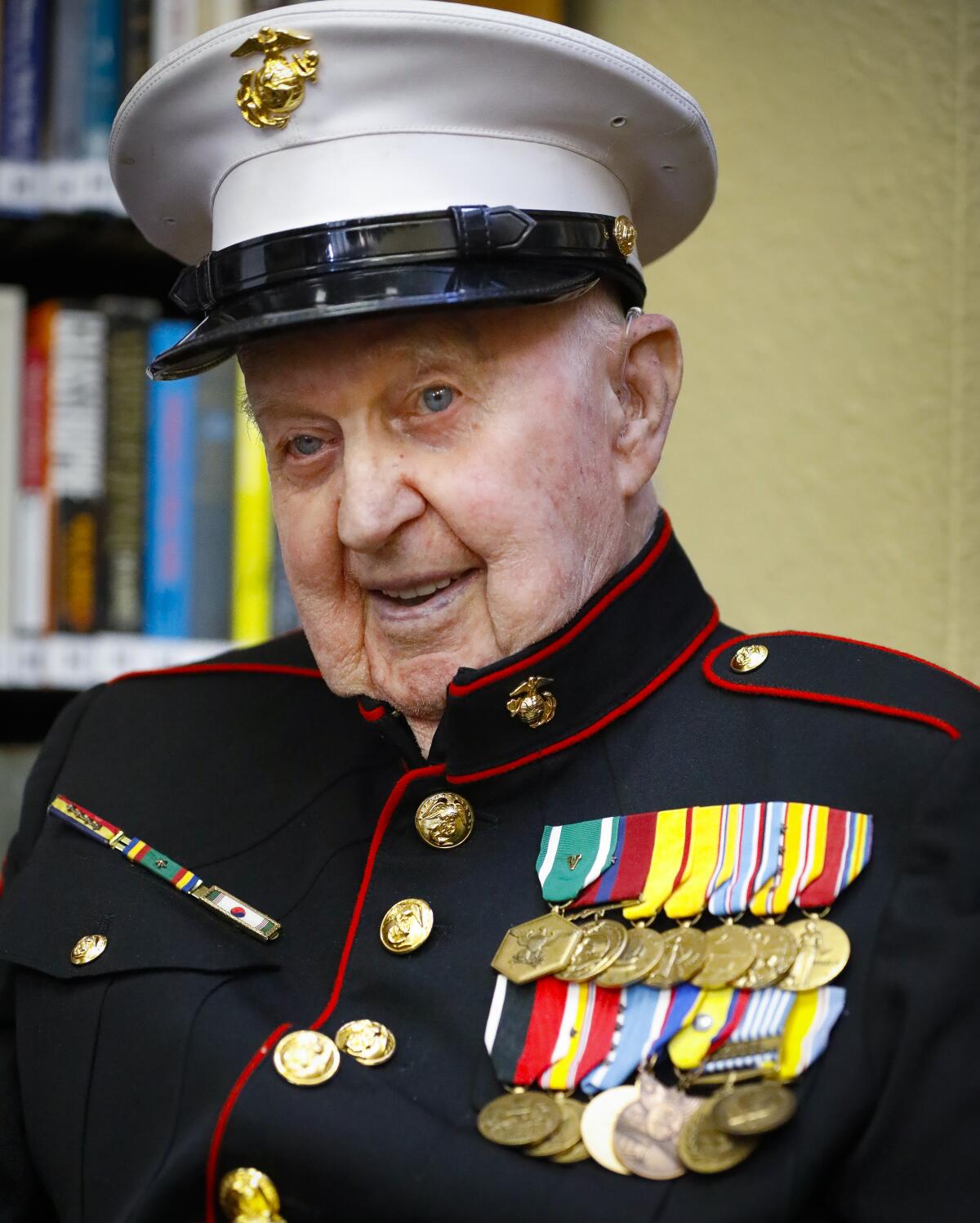 Retired U.S. Marine Corps First Sergeant John Farritor, a veteran of some of the biggest World War II battles in the Pacific, and the Korean War, wore his dress uniform to the party celebrating his 100th birthday, July 9, 2019, at Pacifica Senior Living, in Vista, California where he lives.