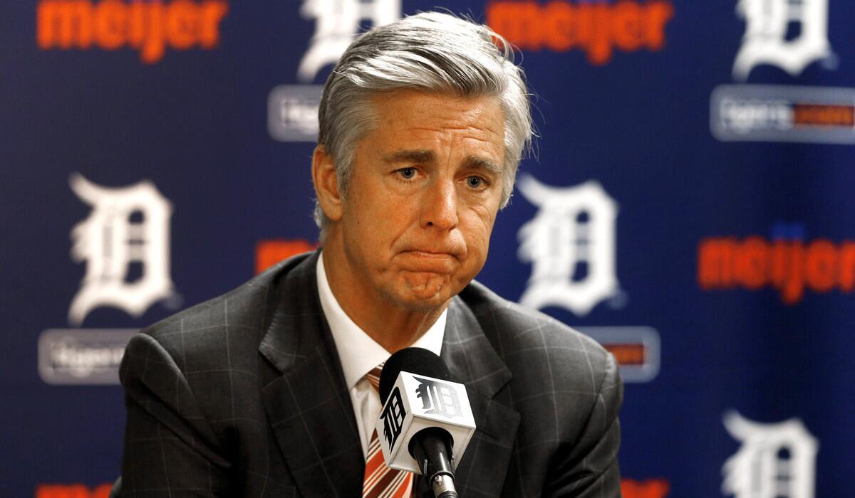 Former Detroit Tigers general manager Dave Dombrowski speaks to the media during a baseball news conference in Detroit on October 14, 2014.