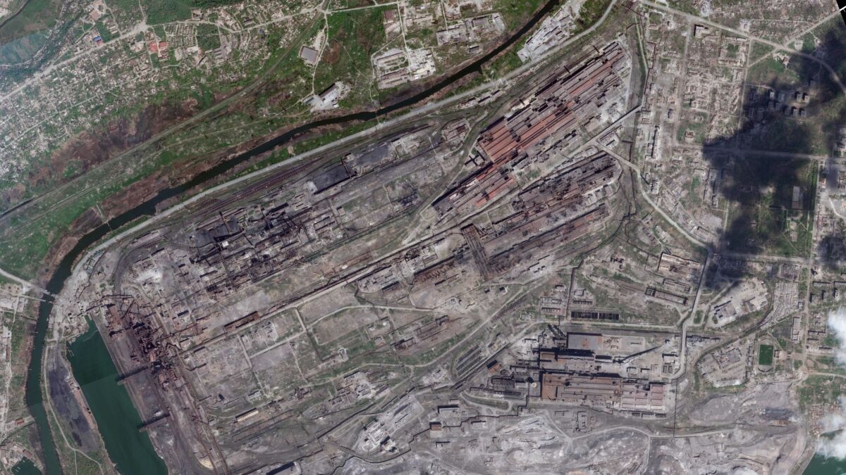 Aerial image of damaged steelworks in Mariupol, Ukraine