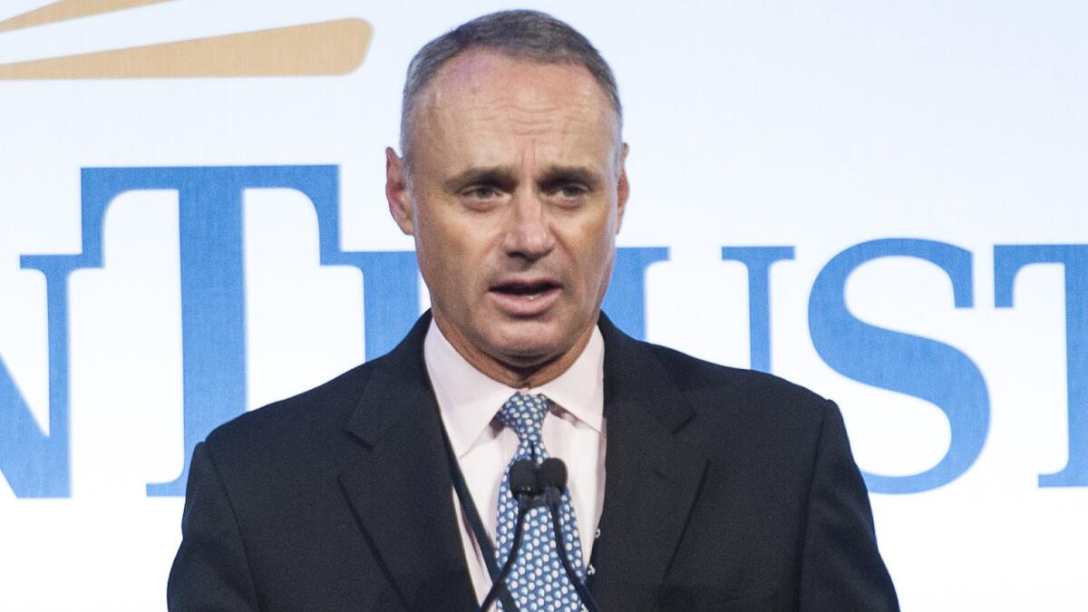 Incoming MLB Commissioner Rob Manfred speaks during a news conference in Atlanta on Sept. 16.