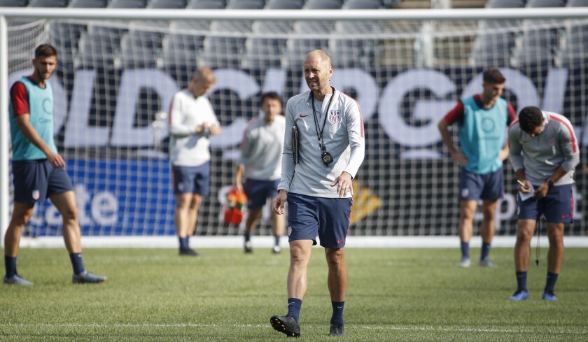 U.S. coach Gregg Berhalter is shown during a training session at Soldier Field in Chicago on July 6, 2019.