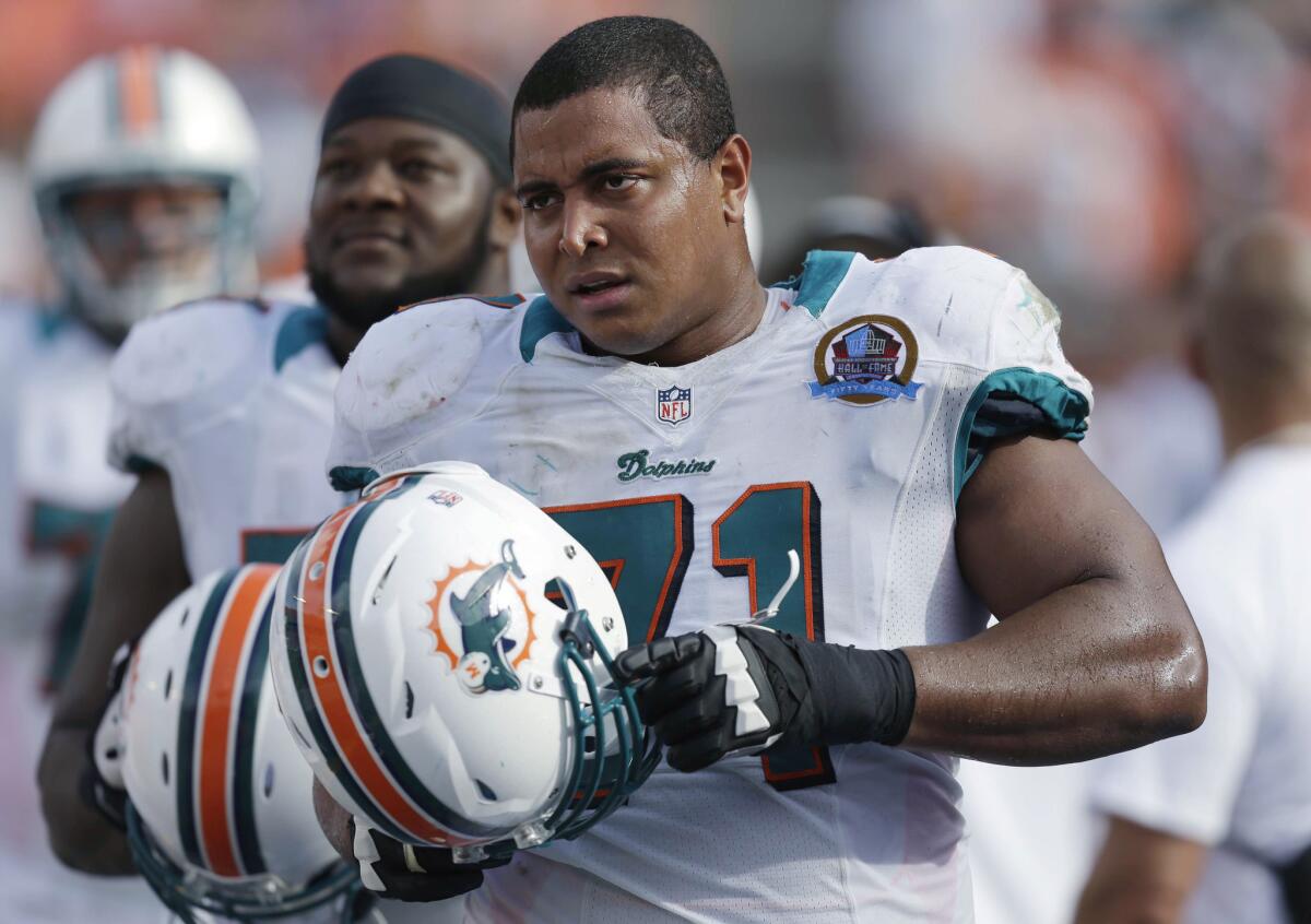 San Francisco offensive tackle Jonathan Martin, shown with the Miami Dolphins back in 2012, claims to have stopped a robbery Thursday at the Beverly Center.