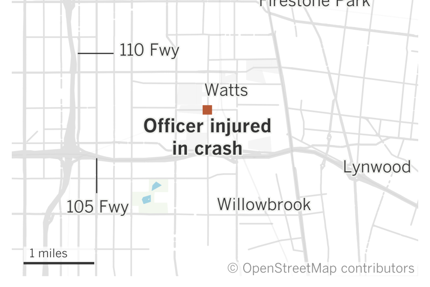 A map shows the location of a crash that left one officer injured in Watts