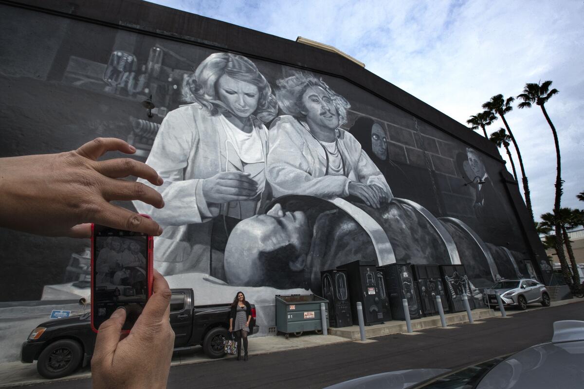 "Young Frankenstein" was painted in 2014 by scenic artists Michael Denering, Nate Duffy and Jim Katranis on the exterior of Stage 5 at Fox Studios in Los Angeles.