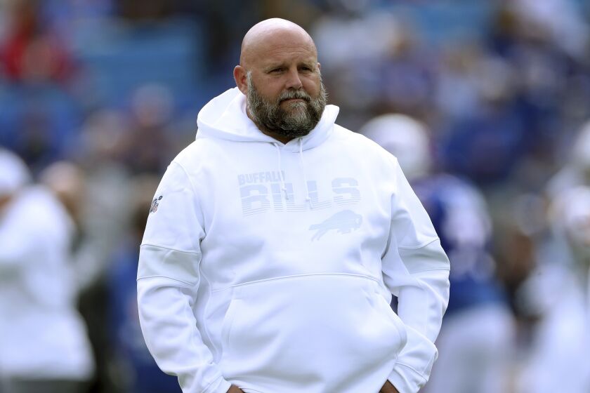 FILE - In this Sept. 29, 2019, file photo, Buffalo Bills offensive coordinator Brian Daboll watches.
