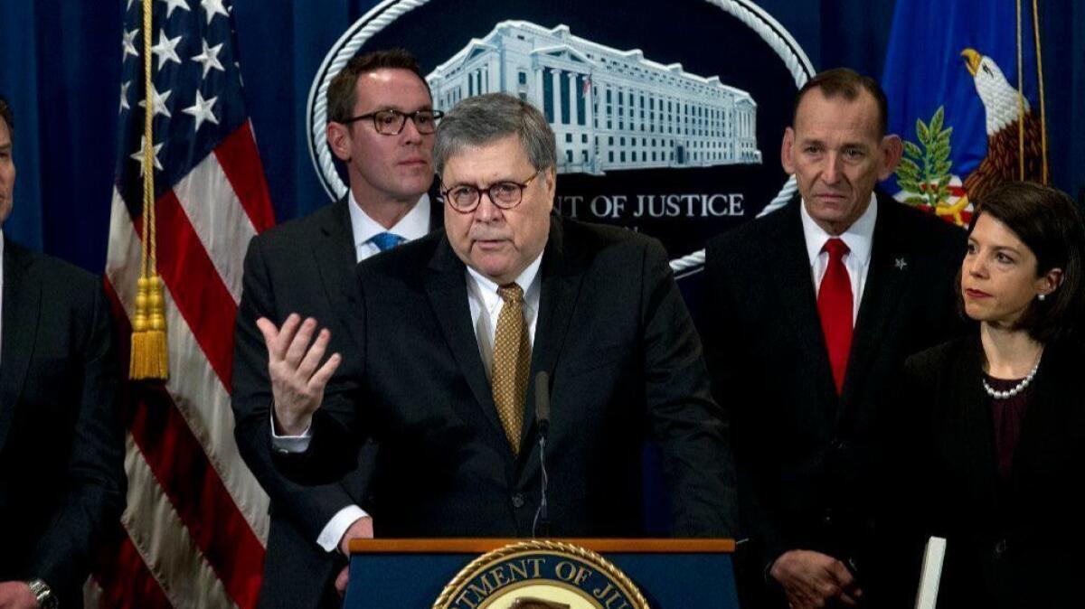 Atty. Gen. William Barr speaks at a news conference last week addressing the Justice Department's efforts to combat elder financial fraud.