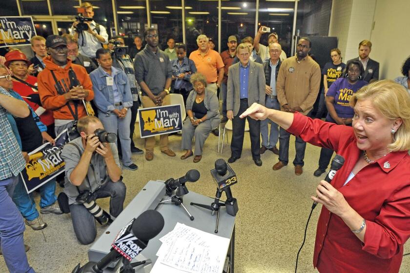 Sen. Mary L. Landrieu (D-La.) greets supporters during a campaign stop at the Plumbers and Pipefitters Union Hall in Baton Rouge.