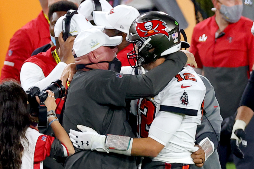 TAMPA, FLORIDA - FEBRUARY 07: Tom Brady #12 of the Tampa Bay Buccaneers celebrates.