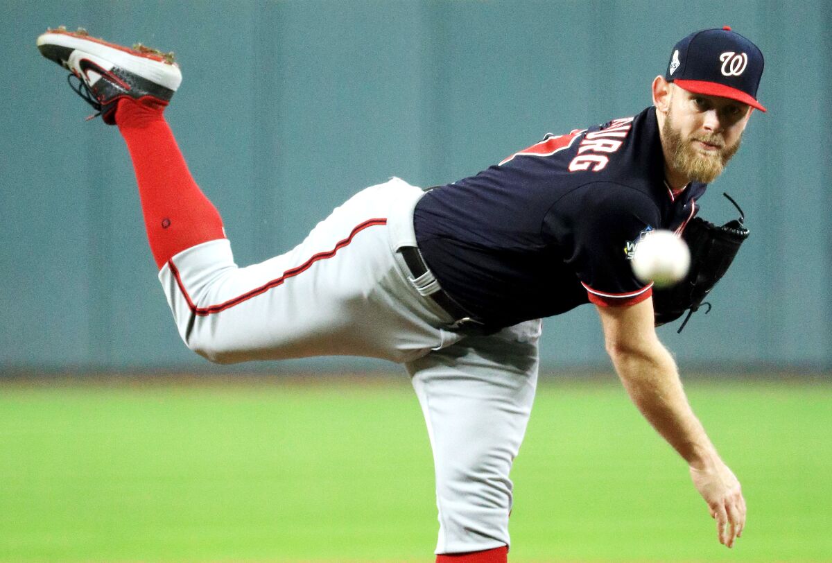 Stephen Strasburg delivers a pitch for the Nationals during Game 6 of the World Series on Oct. 29, 2019.