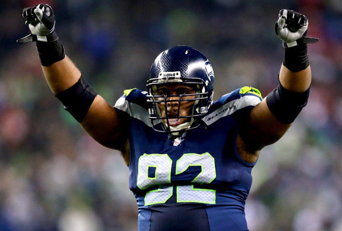 Seattle Seahawks defensive tackle Brandon Mebane celebrates a stop in the fourth quarter of the NFC championship game against the San Francisco 49ers.