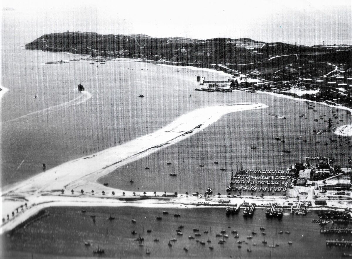 Work on the causeway connecting Shelter Island with the mainland nears its conclusion in 1950.