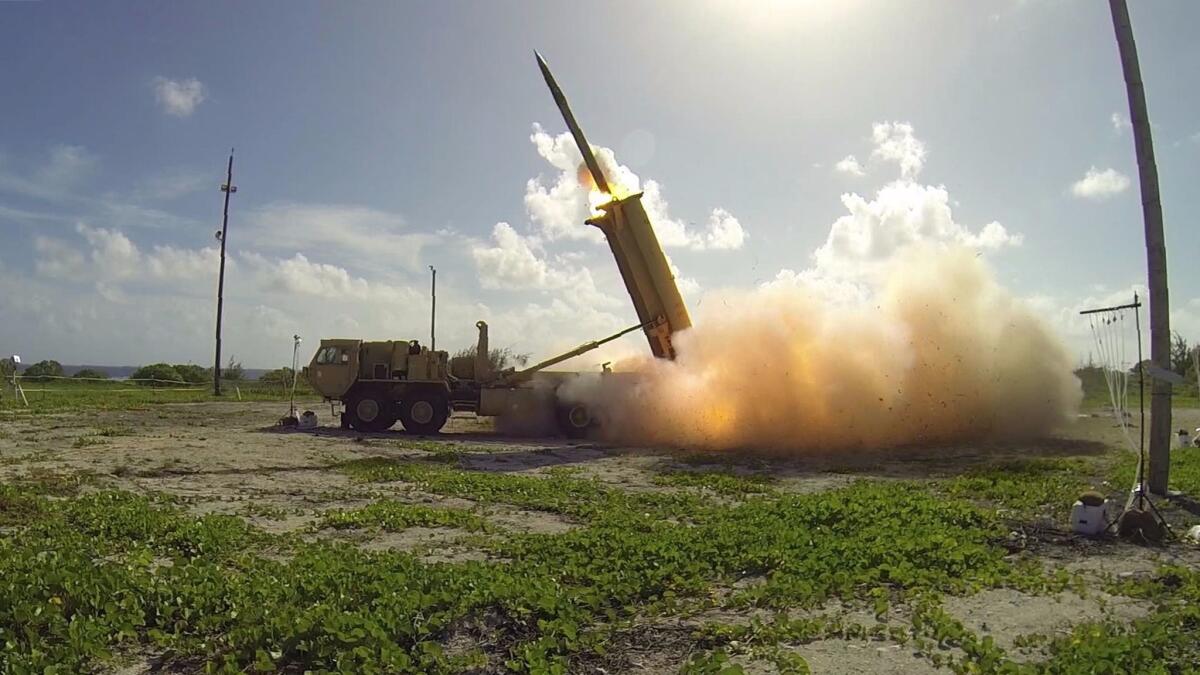 A photo received by the U.S. Defense Department's Missile Defense Agency shows a Terminal High Altitude Area Defense, or THAAD, interceptor being launched from Wake Island in the Pacific Ocean on Nov. 1, 2015.