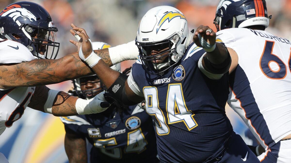 The Chargers left open the possibility of re-signing defensive tackle Corey Liuget (94) after free agency begins.