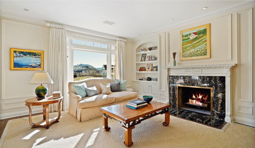 Living room with a fireplace and expansive view.