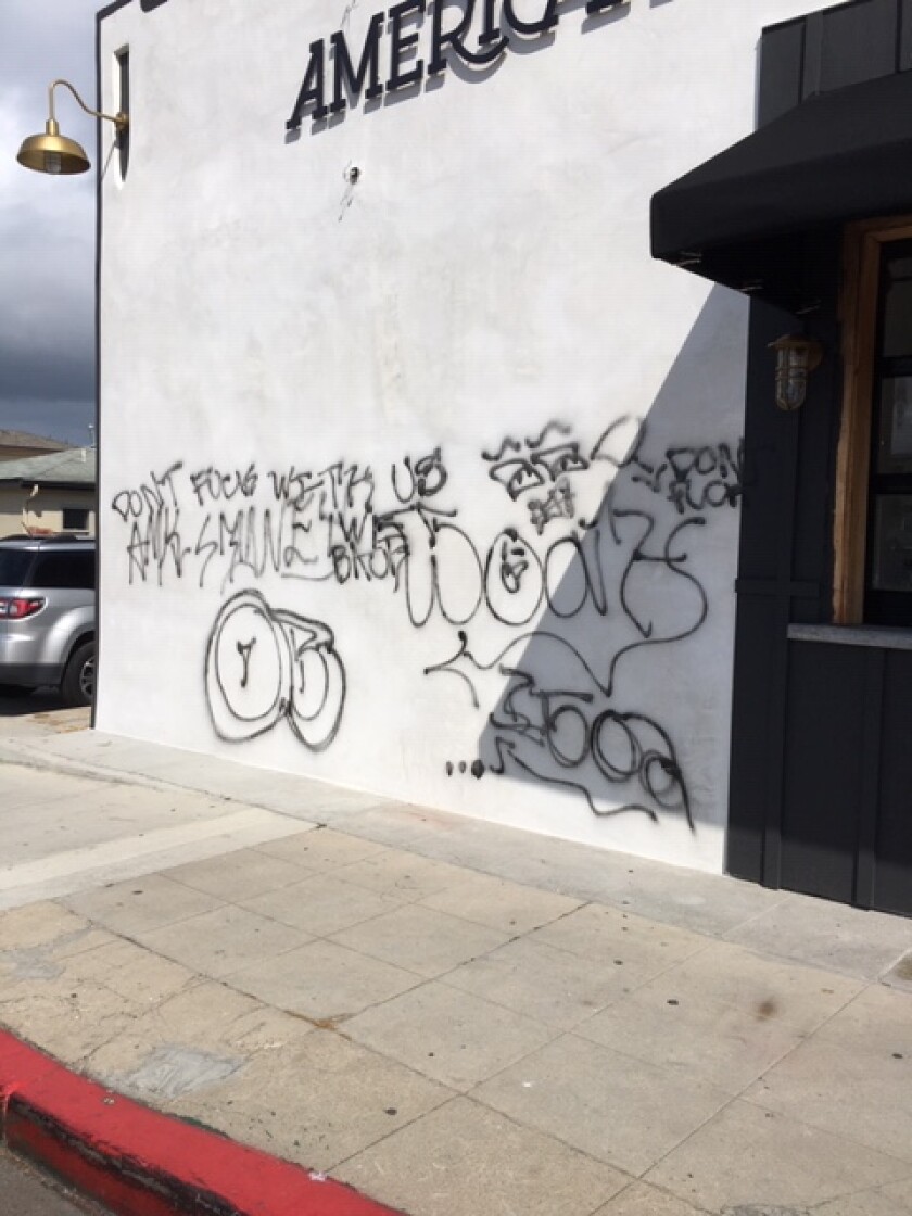 This is one of several instances of graffiti seen along Coast Boulevard in La Jolla on April 20.