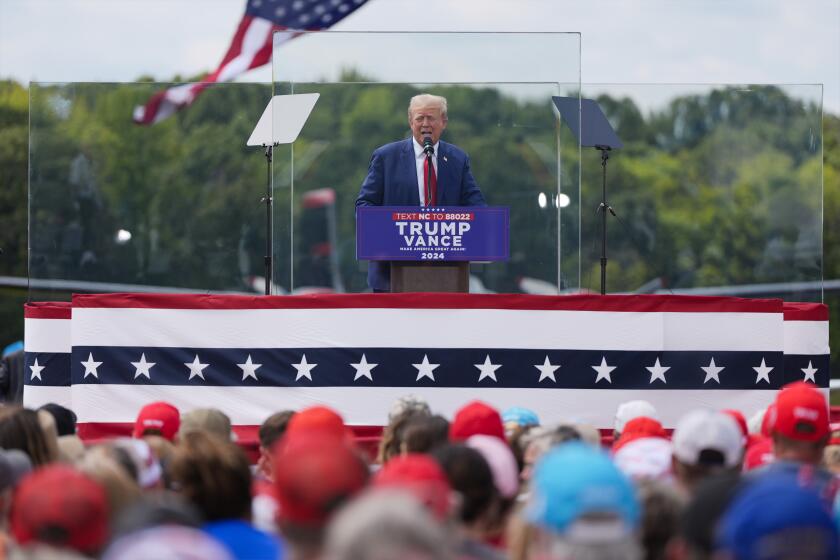 Republican presidential nominee former President Donald Trump speaks during a campaign rally at North Carolina Aviation Museum, Wednesday, Aug. 21, 2024, in Asheboro, N.C. (AP Photo/Julia Nikhinson)