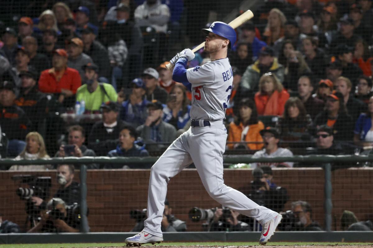Cody Bellinger follows through on a two-run double in the sixth inning in the Dodgers’ 9-2 victory.