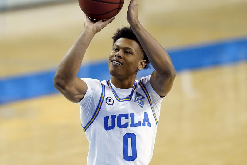 UCLA guard Jaylen Clark (0) takes a shot during the second half of an NCAA college basketball game.