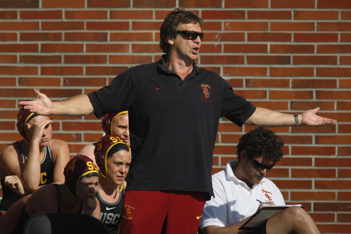 "We want our program to represent our university with class and dignity, and we regret that this occurred," says USC water polo coach Jovan Vavic, shown here coaching the women's team in 2012.