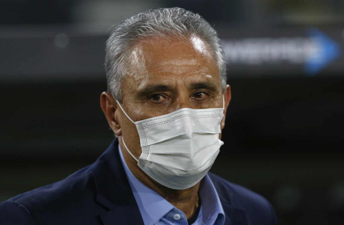 Brazil's coach Tite looks on prior to a qualifying soccer match for the FIFA World Cup Qatar 2022 against Chile at Monumental Stadium in Santiago, Chile, Thursday, Sept. 2, 2021. (Claudio Reyes/Pool via AP)