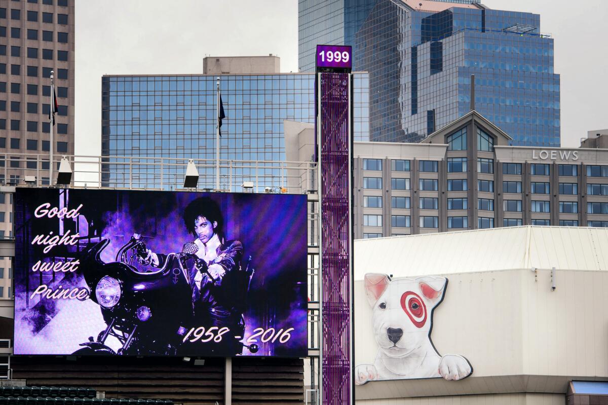 The big screen at Target Field in Minneapolis salutes Prince.