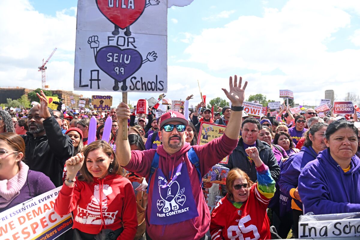 Striking LAUSD workers and their supporters demonstrate at Los Angeles Historic State Park