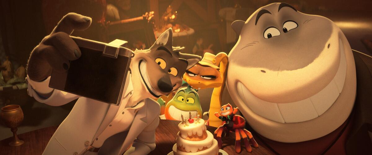 A cartoon image of a wolf, a frog, a snake and a shark taking a selfie
