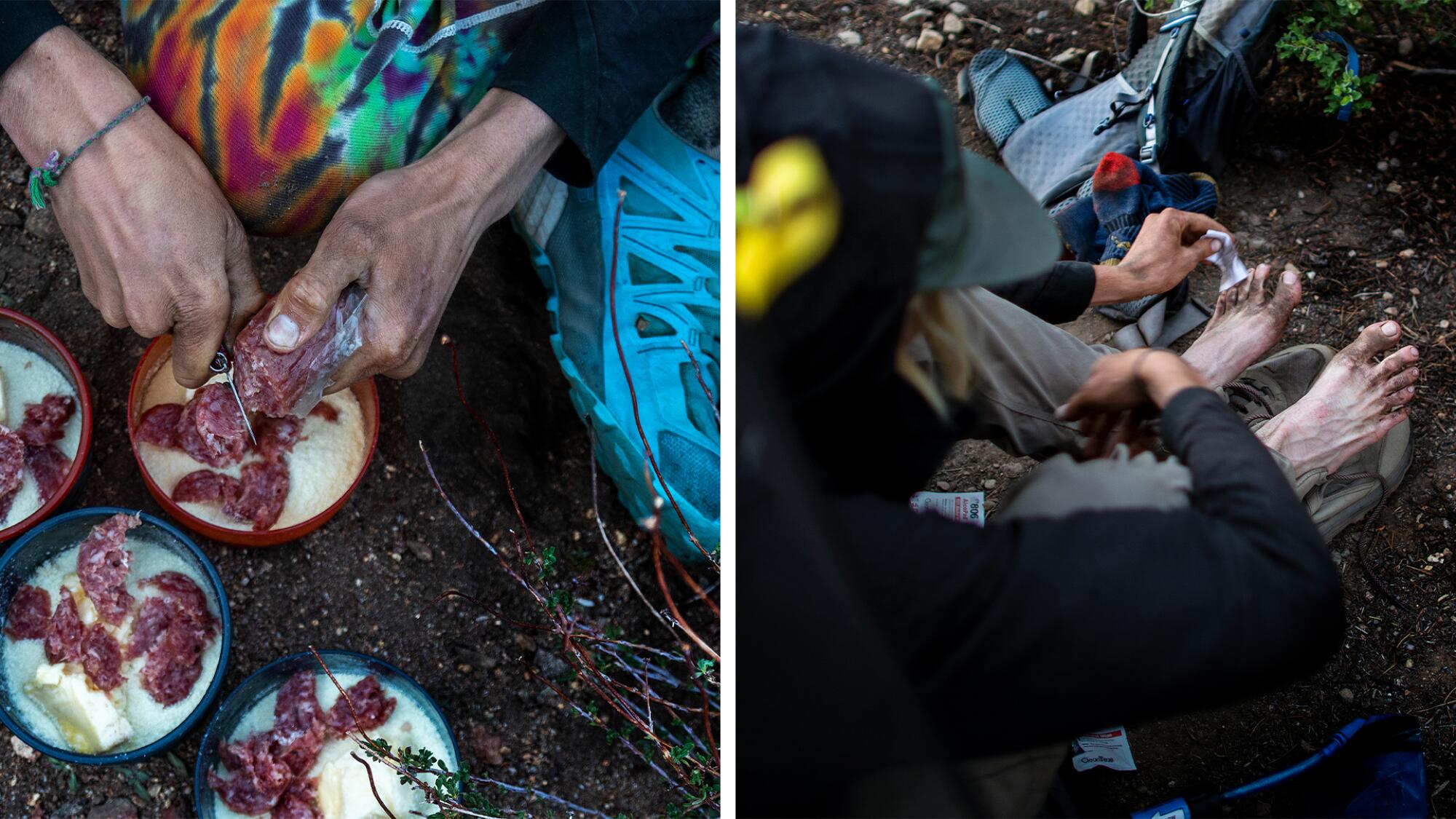 Parell prepares a meal, left, and cleans his feet, right. 